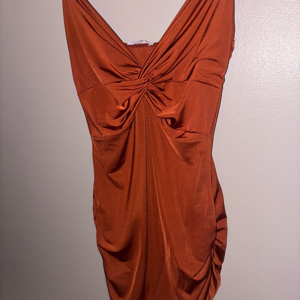 Rust Orange Ruched Dress
